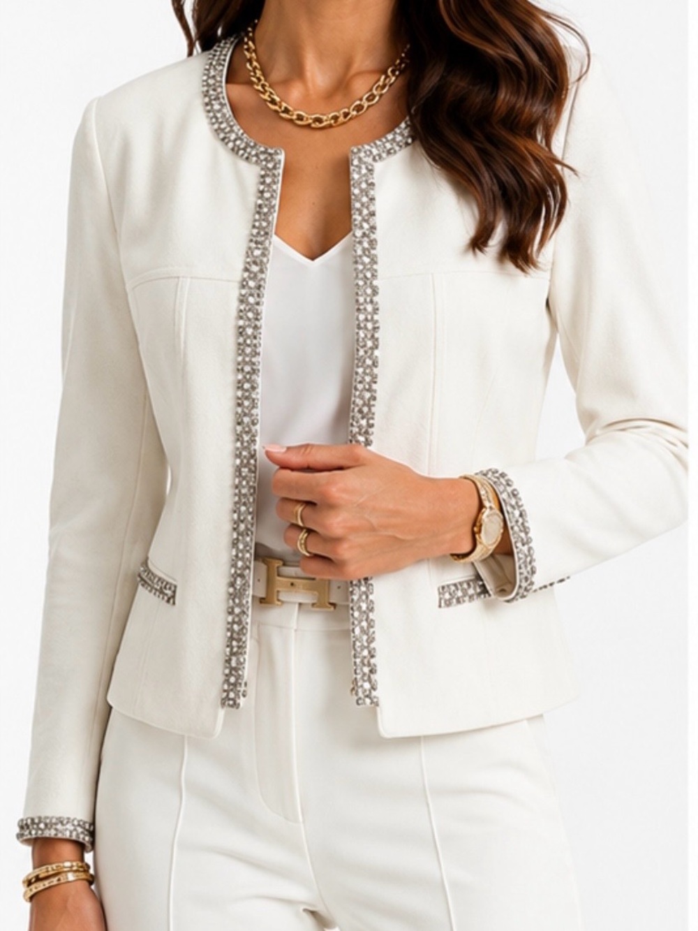 Frank Lyman Embellished White Faux Suede Evening Jacket Size L